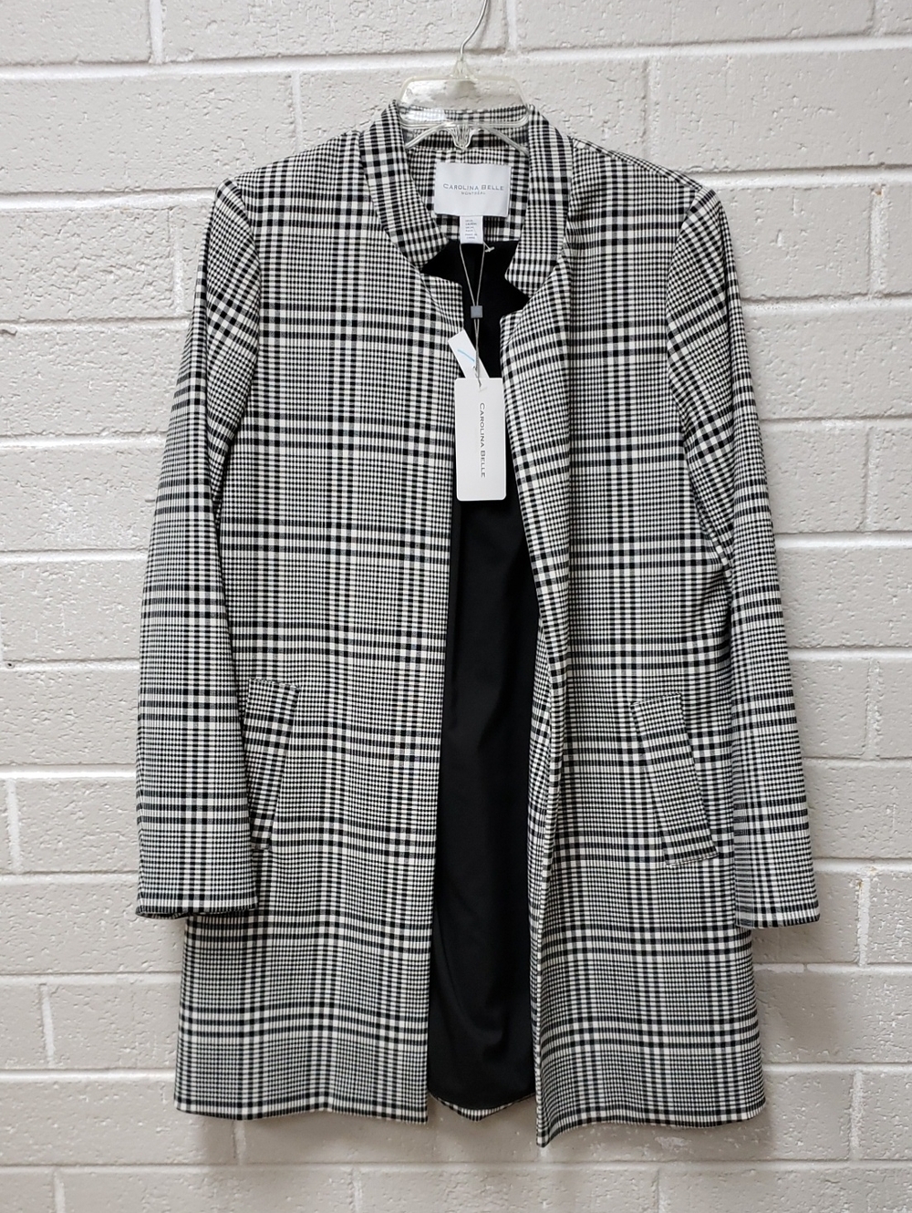 Carolina Belle Black & White Plaid Collarless Blazer Coat